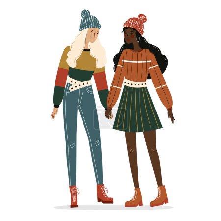 Illustration for Two women holding hands, one blonde one darkskinned, wearing winter clothing. Multicultural friendship, diverse female characters fashionable outfits beanies. Cartoon style, diversity fashion - Royalty Free Image