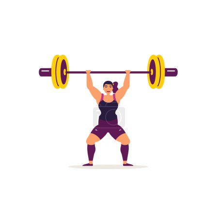 Strong female athlete lifting heavy barbell overhead, showcasing strength determination. Fitness enthusiast performing weightlifting exercise, purple black workout attire evident