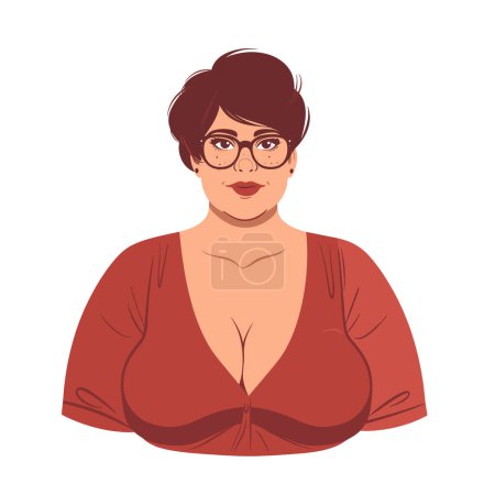 Ilustración mujer plussize posando con confianza, personaje femenino maduro con gafas blusa roja. Representación de dibujos animados bodypositive dama, mujer adulta pelo corto gafas con estilo. Confiado