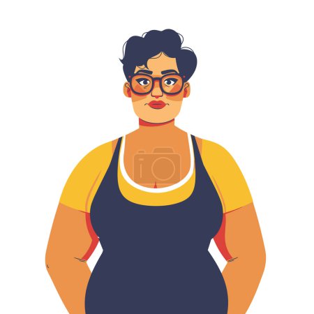 Kurvige Frau, selbstbewusst, Brille, kurze Haare. Plus-Size-Frau, lässige Kleidung, modisch, körperbetont. Ermächtigter junger Erwachsener, vielfältig, stilvoll, isoliert weißer Hintergrund