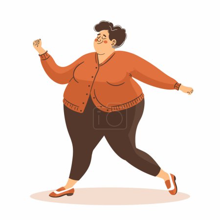 Happy overweight woman dancing, joyful plus size lady expressing happiness through dance, body positivity concept. Smiling plus size female cartoon character casual clothing grooves music, enjoys