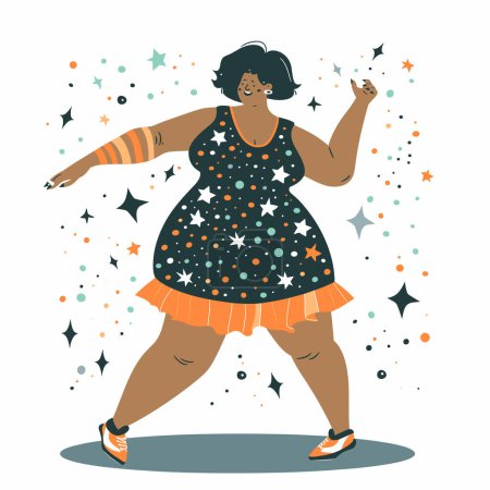 Schwarze Frau, die fröhlich tanzt, animierte Figur kurze Haare, schwungvolle Kleider Turnschuhe, festliche Stimmung Star-Konfetti. Selbstbewusste weibliche Plussize Modell Spaß haben, feiern, tanzen allein, tragen