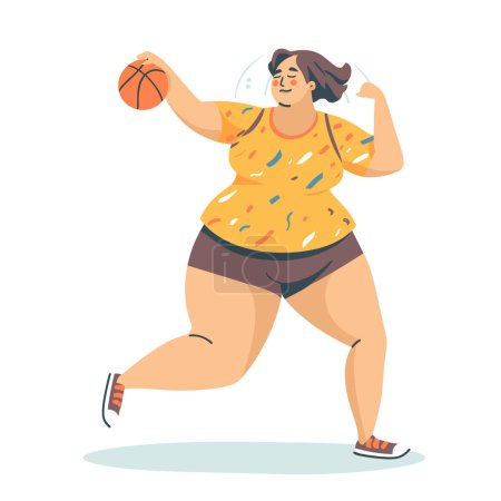 Vollwertige Frau beim Basketballspielen, aktiver Lebensstil. Plüsch weibliche Athletin dribbelt Basketball, sportliche Kleidung, Körper Positivität. Fröhliche kurvige Frau genießt Basketball Spiel