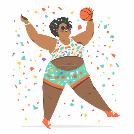 Mujer alegre bailando, celebrando baloncesto en medio de confeti. Energética, plussize afroamericana ropa deportiva colorida disfruta de la fiesta de baloncesto. Dibujos animados mujer ranura diversión deportes celebración