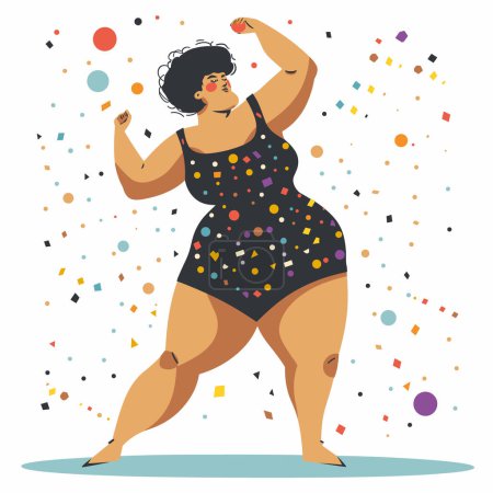 Plus size woman dancing joyfully, confetti background. Cheerful curvy female celebrates, black festive dress. Body positivity concept, happy overweight dancer, colorful illustration