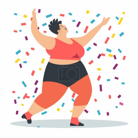 Plussize woman dancing joyfully among colorful confetti, representing body positivity celebration. Joyful dance moves express happiness confidence, while modern clothing adds stylish touch design