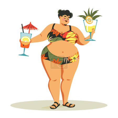 Mujer curvilínea disfrutando de bebidas tropicales, de pie traje de baño con confianza. Además de patrón de bikini femenino tropical tamaño celebración de cócteles, sonriendo. Dibujos animados ilustración cuerpo positividad playa partido