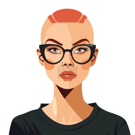 Confident young woman cartoon character, stylish eyeglasses, buzz cut, stern expression. Woman wearing black shirt, fashion trend, bold hairstyle, graphic art. Female avatar, modern look, clear