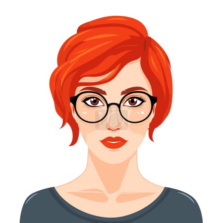 Illustration for Redhaired woman glasses portrait vector. Young female stylish eyewear, red lipstick illustration. Attractive redhead girl casual clothing, isolated white background graphics - Royalty Free Image
