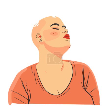 Glatzköpfige Frau mit selbstbewusstem Blick, geschlossenen Augen, gelassener Miene. Der Kopf leicht nach hinten geneigt, zeigt Ermächtigungsstärke. Frauenporträt, orangefarbenes Hemd, minimalistischer Stil, solider Hintergrund