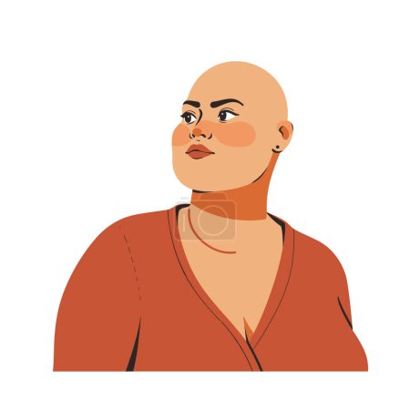 Illustration for Bald woman confident gaze, empowered female, cancer patient illustration. Strong young adult, feminine power, breast cancer awareness design. Courageous bald person, health struggle, vector - Royalty Free Image
