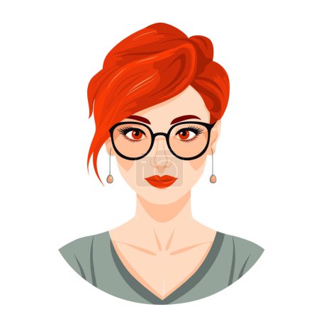 Redhaired woman wearing glasses earrings, illustration fashionable female, confident expression portrait isolated white. Young caucasian adult stylish haircut, trendy makeup attire, professional