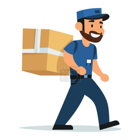 Entrega hombre caminando llevando caja de cartón grande, mensajero feliz entrega paquete, trabajador azul gorra uniforme. Servicio postal masculino profesional, logística de transporte, trabajo de envío. Caricatura