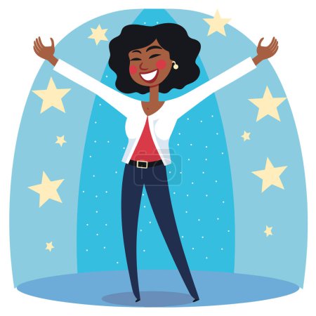 Illustration for African American woman celebrating success, joyful confident. Stars sparkle around raises arms happy gesture, stylish business attire. Success joy against starry backdrop, professional attire - Royalty Free Image