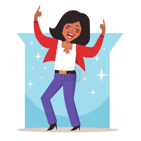 African American woman dancing joyfully, celebrating success, happiness. Young female, stylish modern clothing, energetic pose, party mood. Cartoon character, vector illustration, joyful expression