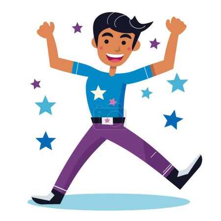 Illustration for Happy young Asian male celebrating success stars around. Energetic boy, joyful, winning posture, blue starpatterned shirt, purple pants, shoes, enthusiasm. Cartoon character, victory dance, excited - Royalty Free Image