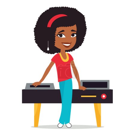 Young African American female cartoon character playing electric keyboard. Smiling black girl afro hairstyle enjoys music synthesizer. Casual outfit, musician, leisure, hobby, cheerful mood
