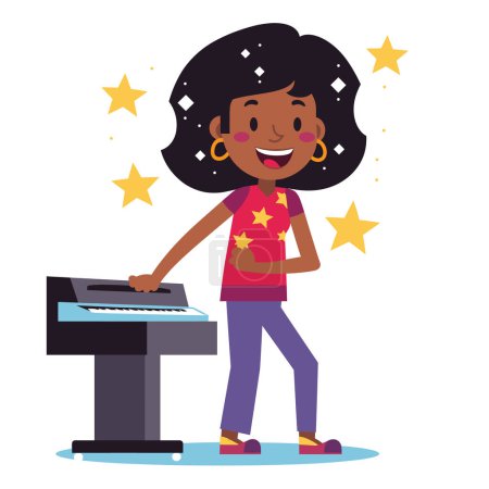 Young African American girl playing electronic keyboard, music performance. Happy musician enjoying playing instrument, shining stars around, talent show concept. Cartoon style, isolated white