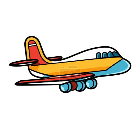 Colorful cartoon airplane illustration isolated white background. Childfriendly bright colors, playful aircraft drawing, travel flying concept. Simple lines, primary color toy plane, clear sky
