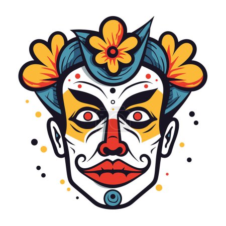 Colorful face paint illustration depicting cultural festival mask isolated white background. Traditional festivities costume makeup, detailed mask face art vector design. Ethnic celebration, ornate