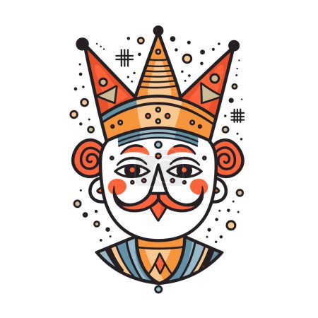 Colorful circus clown face vector illustration isolated white background. Festive clown red nose striped pointed hat decorated polka dots triangles. Geometric style head decorative elements cheerful