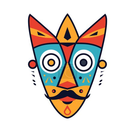 Ilustración colorida máscara tribal, con formas geométricas, colores vivos. Diseño ceremonial tradicional del vector de la máscara, patrones étnicos, fondo blanco aislado. Arte cultural que representa antiguo