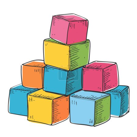 Pirámide bloques de colores apilados, los niños juegan bloques, estilo dibujado a mano. Bloques de construcción para niños, boceto de cubos de color primario, fondo blanco aislado. Dibujo juguetes educativos niño