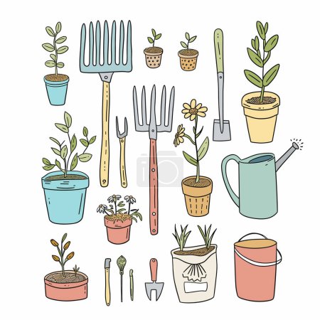 Illustration for Gardening tools plants vector illustration, colorful drawing garden equipment. Handdrawn garden implements potted plants, doodle style gardening theme. Isolated white background, tools pots, perfect - Royalty Free Image