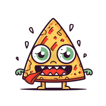 Cartoon-Pizzascheiben-Figur schwitzt, sieht verängstigt aus. Anthropomorphe Pizza-Cartoon-Illustration, isolierter weißer Hintergrund. Netter Charakter große Augen Mund, steht ängstlich