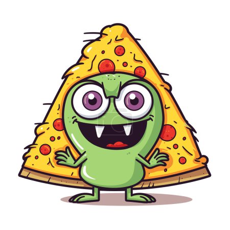 Green monster pizza slice cartoon smiling, childfriendly character happy. Animated creature cheese pepperoni food illustration, fantasy playful. Monster big eyes waves excited, pepperoni pizza