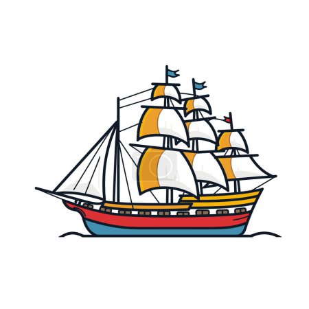 Sailing ship illustration featuring vibrant colors, tall masts, billowing sails. Nautical theme artwork depicting classic sailboat, ocean adventure, sea travel. Traditional vessel, maritime