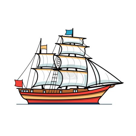 Ilustración de Colorida ilustración de veleros, con múltiples banderas de velas. Vibrante dibujo de dibujos animados de barcos altos, que representa el transporte marítimo histórico. Clásico arte vectorial clipper, educación perfecta - Imagen libre de derechos