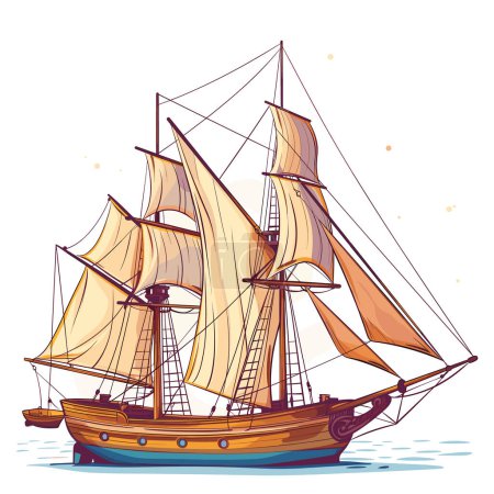 Sailing ship illustration water full set sails catching wind. Wooden tall ship sea, detailed rigging, masts, golden sails drawing. Old maritime vessel traveling exploring, fantasy adventure theme