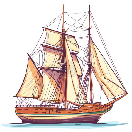 Illustration de voilier, dessin détaillé de voilier, voiles beiges, graphique de voilier de mer. Thème nautique, fond blanc isolé, illustration de grands voiliers, transport maritime. Vintage