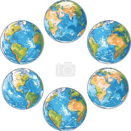 Téléchargez les illustrations : Six globes colorés représentant la Terre différents angles, globe illustre différents continents océans. Cartoon style globes continents Afrique, Asie, Europe, Amériques - en licence libre de droit