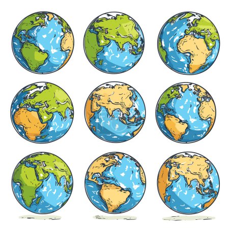 Téléchargez les illustrations : Globes colorés dessinés à la main montrant différents continents. Set éducatif mettant en vedette les hémisphères terrestres, concept de géographie. Illustrations de cartes du monde de style bande dessinée, fond blanc isolé - en licence libre de droit