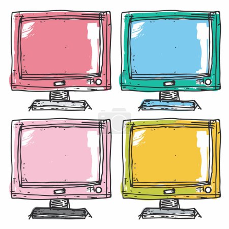 Téléviseurs vintage dessinés à la main esquisse colorée, téléviseurs rétro doodle isolé fond blanc. Quatre téléviseurs classiques, rose, bleu, jaune, écrans magenta, illustration. Croquis à la main, coloré