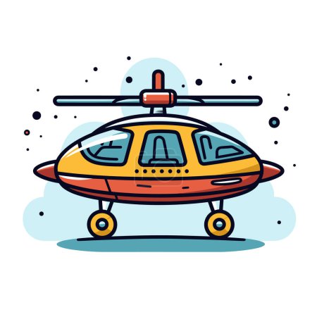 Cartoon-Hubschrauber, leuchtend gelb orange, fliegendes Fahrzeug, Rotor, Räder, niedlich, Himmelshintergrund, Transportthema. Kinderfreundliche Helikopterzeichnung, runde Formen, skurrile verspielte grafische Luftfahrt