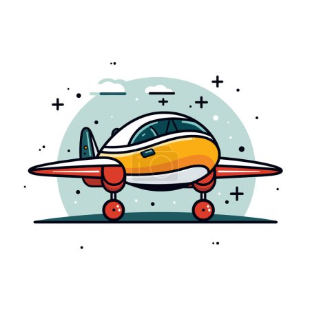 Bright colored cartoon airplane grounded under sky clouds. Small aircraft comic style illustration vibrant colors. Yellow orange plane graphic art design sky backdrop