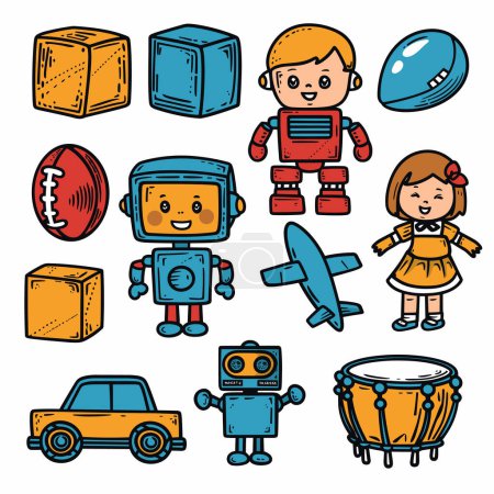 Illustration for Collection colorful cartoon icons includes playful kids, robots, vehicles, sports items. Boy astronaut, girl dress, smiling robots, yellow car, flying airplane, football illustrate childish fun - Royalty Free Image