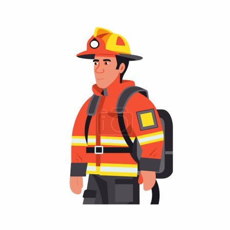 Caricatura masculina del bombero, respuesta de emergencia de la ilustración, rayas reflectantes naranjas uniformes del bombero. Valiente trabajador de rescate profesional, equipo de seguridad de bomberos, fondo blanco aislado. Fuego.