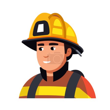 Young male firefighter cartoon, smiling, wearing yellow helmet reflective jacket, isolated white background. Professional fireman character looking confident, ready emergency response, cheerful