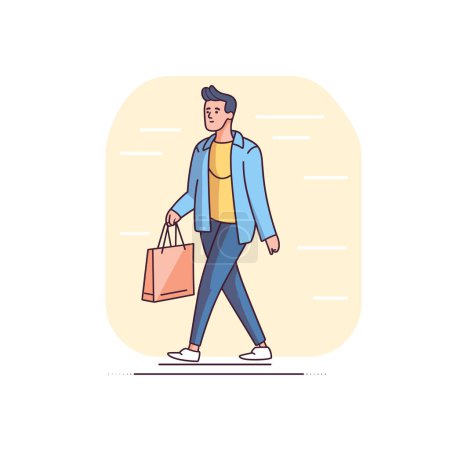 Junge erwachsene Männer gehen lässig mit Einkaufstasche in der Hand durch die Gegend und tragen stylische Freizeitkleidung. Mann einkaufen, zufrieden gucken, moderne Mode illustrieren. Zeichentrickfigur Konsument, urbaner Lebensstil