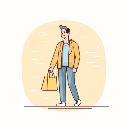 Jeune personnage de dessin animé masculin marchant décontracté, tenant sac à provisions, veste jaune habillée jeans bleu. Concept de style de vie urbain décontracté, illustration joyeuse de jeunes consommateurs adultes. Conception plate