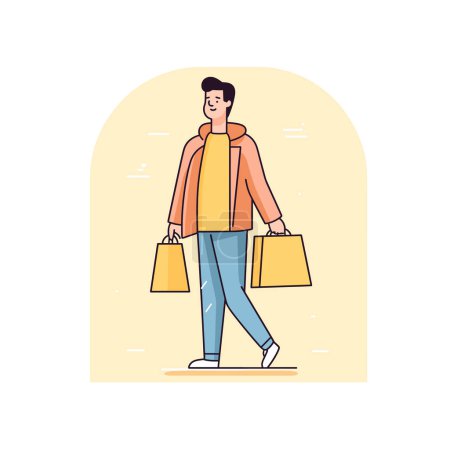 Jeunes adultes sacs à provisions masculins Tenue décontractée contenu de marche illustration vectorielle fond jaune. Smiling shopper porte achats style de vie loisirs dessin animé design vêtements consommateur. Heureux