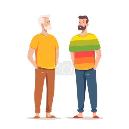 Two men standing next other, one older white hair, younger beard, both smiling. Older man wearing yellow tshirt, brown pants, younger striped tshirt, jeans. Casual attire, friendly interaction