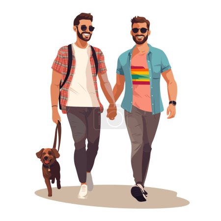 Dos hombres paseando perro, ambos sonriendo, tomados de la mano, uno con gafas de sol. Ropa casual, actividad de ocio, humor alegre, cuidado de mascotas, amistad, amor. Hombres ropa de moda, paseo al aire libre, canino