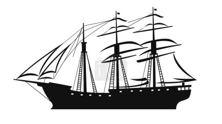 Silueta negra velero alto, aparejo intrincado, velas onduladas, transporte marítimo, buque histórico. Oldfashioned silueta de velero aislado fondo blanco, tema náutico, exploración