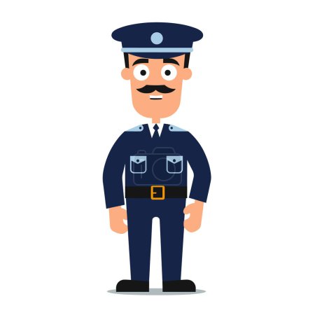 Die Comicfigur des Polizisten steht selbstbewusst in Polizeiuniform, Schnurrbart, lächelnder Gesichtsausdruck. Freundlicher Beamter illustrierte Kinderbuch, Unterrichtsmaterialien, isoliert weißer Hintergrund