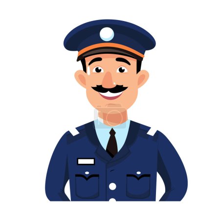 Illustration for Smiling policeman character, friendly law enforcement officer, happy police man blue uniform. Cartoon police officer, mustached cop smiling, professional work uniform. Cheerful officer illustration - Royalty Free Image